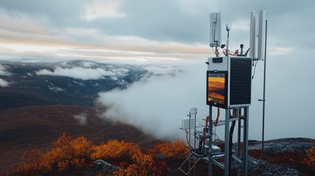 Communication tower on mountain peak during autumn with cloudy skies and distant landscapesの素材
