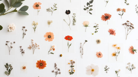 Various pressed flowers arranged artistically on a light background in a creative display of natures beautyの素材