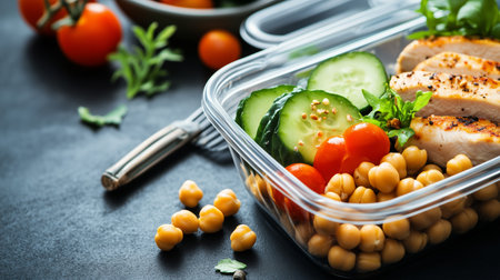 Healthy meal prep with grilled chicken, chickpeas, and fresh vegetables in a clear containerの素材
