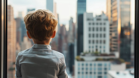 Child gazes out at the city skyline from a high-rise window in a bustling urban environment during sunsetの素材