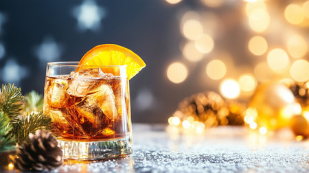 Cocktails with ice and an orange slice on a festive table during a holiday celebrationの素材