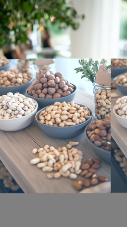 Variety of nuts displayed in bowls at a modern event venue during a social gatheringの素材
