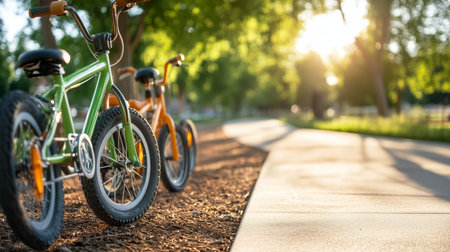 Two bicycles parked on a path surrounded by trees during sunset in a serene park settingの素材