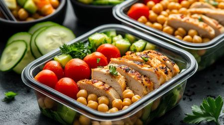 Healthy meal prep containers filled with grilled chicken, chickpeas, and fresh vegetables at a kitchen counterの素材