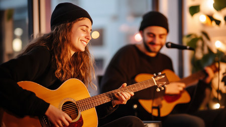 Musicians perform acoustic set in cozy venue during evening hours for a lively audienceの素材