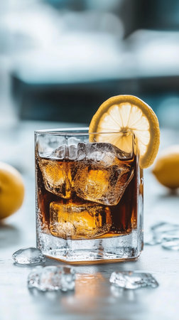 Refreshing iced drink with lemon slice on a table surrounded by lemons and ice cubesの素材