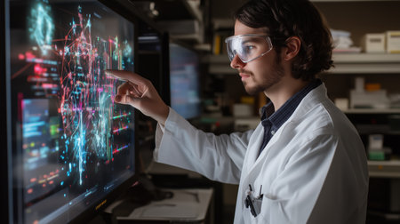 Scientist interacts with advanced data visualization in a research laboratory environmentの素材