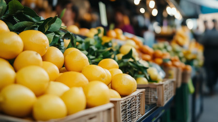 Fresh lemons and oranges displayed at a bustling market during the morning hours in a lively urban settingの素材