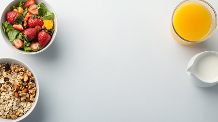 Healthy breakfast arrangement with fresh fruits, granola, and juice on a light surfaceの素材