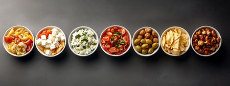 Various colorful bowls of Mediterranean appetizers arranged on a dark surface during a social gatheringの素材