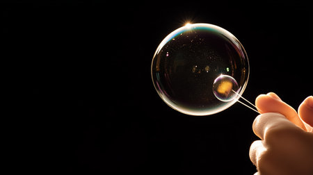 Captivating moment of a bubble suspended in the air held by a hand against a dark backgroundの素材
