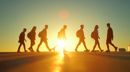 Group of people walking towards sunset with backpacks on a city skylineの素材