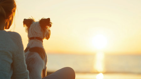 Woman and dog enjoy sunset by the ocean, creating a serene moment of connection and tranquilityの素材