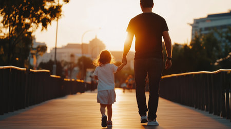 Father walks hand-in-hand with daughter on a pathway during sunset in a city parkの素材