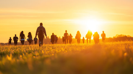 People walking in a field during sunset with golden rays illuminating the landscapeの素材