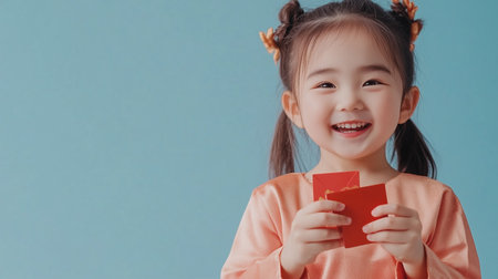 Young girl joyfully holding red envelopes against a blue background during a festive celebrationの素材