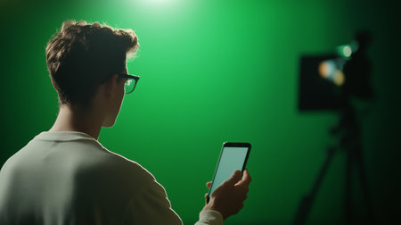 Young man using smartphone in front of green screen during creative project setup in studio environmentの素材