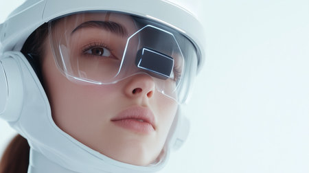 Futuristic individual wearing advanced eyewear and helmet for augmented reality experiencesの素材