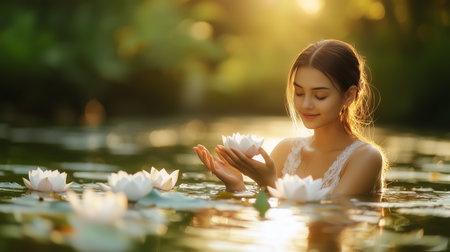 Woman enjoying tranquility while holding lotus blossoms in a serene water setting during golden hourの素材