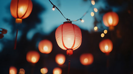 Decorative lanterns illuminate a festive evening under twilight skyの素材