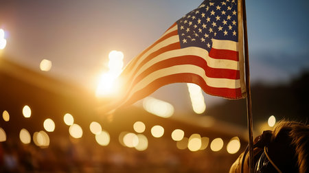 American flag waves proudly during evening event with lights illuminating the backgroundの素材