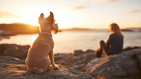 Dog enjoys sunset while owner reflects by the seaside on a tranquil eveningの素材