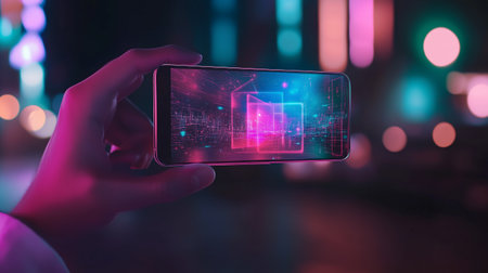 Vibrant smartphone display shows augmented reality in a city at night with colorful lightsの素材