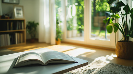 Natural light fills a cozy reading nook with an open book on a table beside lush greeneryの素材