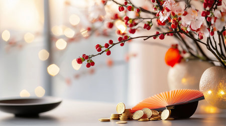 Celebratory decor with blossoms and coins for festive event in a bright, cozy settingの素材