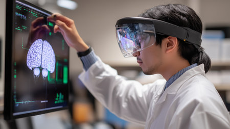 Researcher analyzes brain scans using augmented reality technology in a laboratory setting at a universityの素材