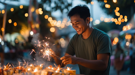 Man enjoying sparklers at a vibrant evening festival under glowing lightsの素材