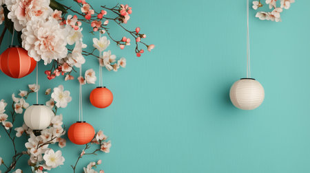 Decorative paper lanterns and cherry blossom branches create a vibrant atmosphere in a lively indoor spaceの素材