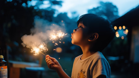 Bright sparks create joy as a child celebrates with sparklers during a summer evening outdoorsの素材