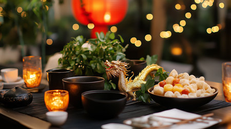 Decorative table setting featuring traditional dishes and ornaments for a festive celebration in an outdoor settingの素材