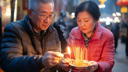 Couple lighting incense sticks during traditional ceremony in bustling market at duskの素材