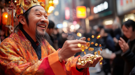 Man dressed in traditional attire celebrates festival by throwing coins in a bustling street during evening hoursの素材