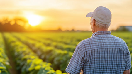 Elderly farmer admiring sunset over green crop fields at dusk in rural countrysideの素材