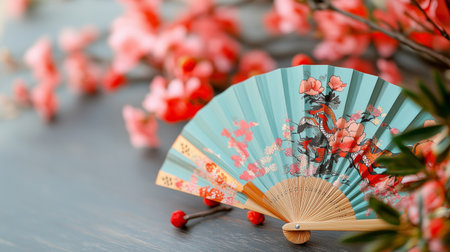 Beautiful hand-painted fan surrounded by cherry blossoms on a wooden tableの素材