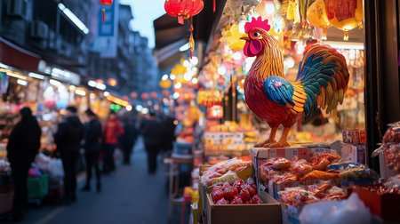 Vibrant market street adorned with colorful decorations during evening hoursの素材