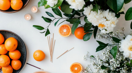 Beautiful arrangement of oranges and flowers on a white table with candles and incense sticks creating a serene atmosphereの素材