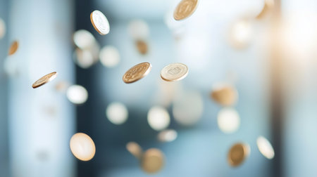 Coins floating in the air creating an impression of wealth and success inside a bright roomの素材