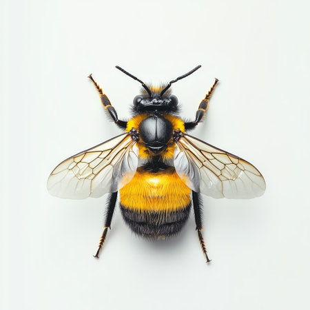 Detailed view of a bumblebee showcasing vibrant yellow and black coloration on a neutral backgroundの素材