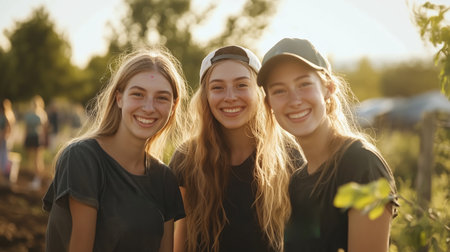 Three friends smiling together outdoors during golden hour at a community event in a natural settingの素材