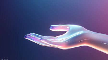 Translucent hand reaching out with purple and blue hues on a gradient backgroundの素材