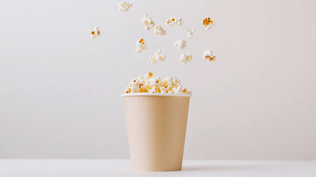 Popcorn bursts from a cup in a light and bright setting while capturing a fun and playful momentの素材