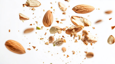 Almonds in mid-air with fragments dispersing in a creative display of natural textures and formsの素材