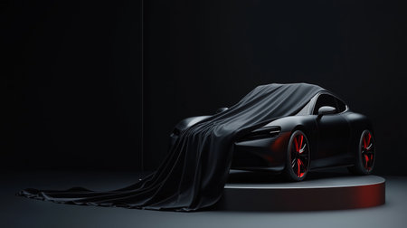 New luxury sports car revealed with elegant black draping in a sleek display settingの素材
