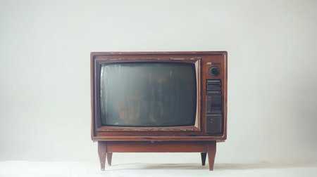 Vintage wooden television set with a dark screen and minimal features on a plain backdropの素材