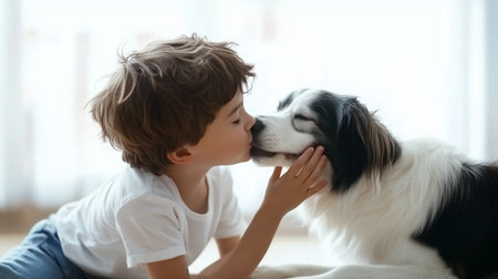 Child shares a tender moment with a dog indoors while enjoying an afternoon togetherの素材