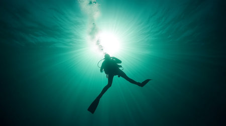 Scuba diver exploring underwater depths illuminated by sunlight filtering through the water surfaceの素材
